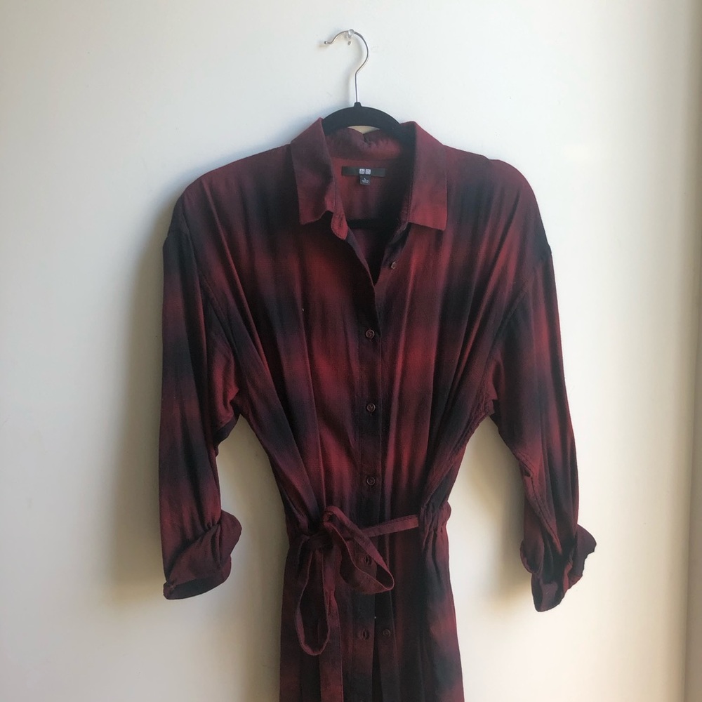 Red and Black Plaid Button Up Tie Dress